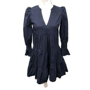 Pomander Place Tiered Mini Dress Womens XS Blue Peasant Sleeve Cottagecore
